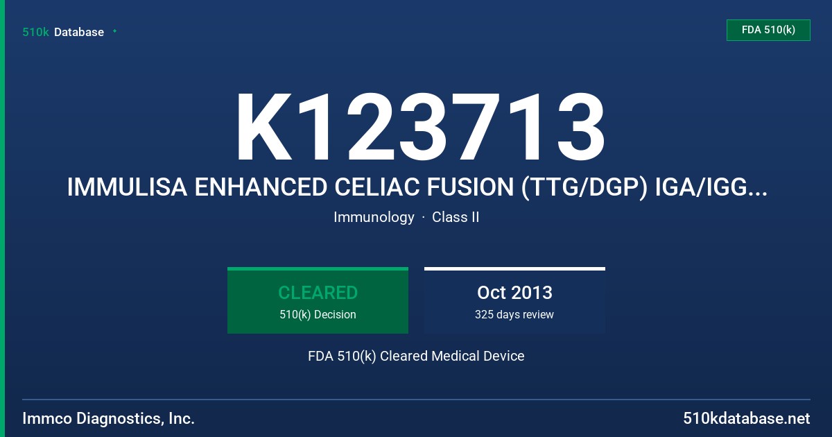 K123713 IMMULISA ENHANCED CELIAC FUSION (TTG/DGP) IGA/IGG ANTIBODY ELISA FDA 510(k) Cleared Medical Device