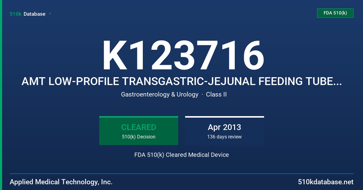 K123716 AMT LOW-PROFILE TRANSGASTRIC-JEJUNAL FEEDING TUBE KIT FDA 510(k) Cleared Medical Device