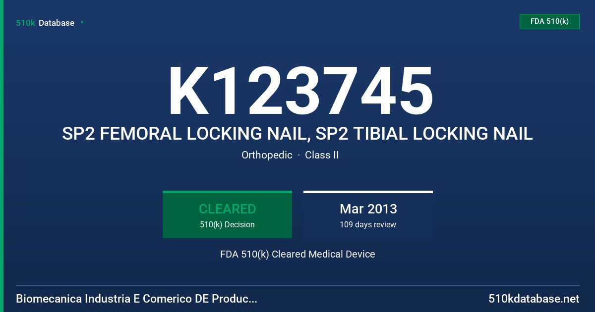 K123745 SP2 FEMORAL LOCKING NAIL, SP2 TIBIAL LOCKING NAIL FDA 510(k) Cleared Medical Device