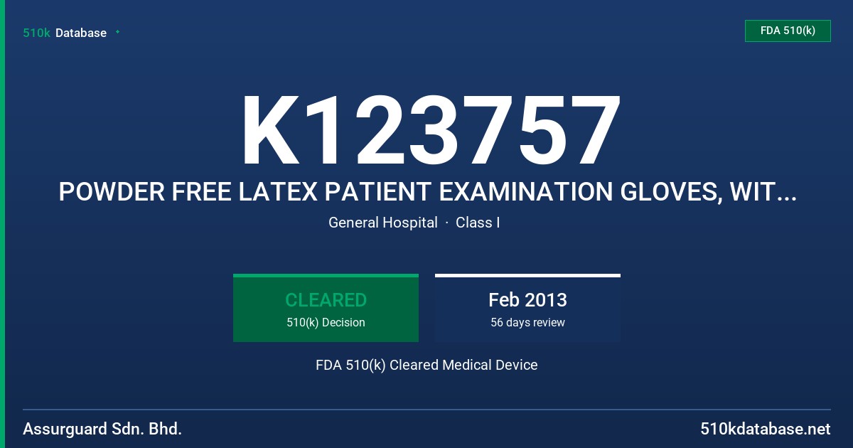 K123757 POWDER FREE LATEX PATIENT EXAMINATION GLOVES, WITH PROTEIN CONTENT LABELING CLAIM, NATURAL COLOR FDA 510(k) Cleared Medical Device