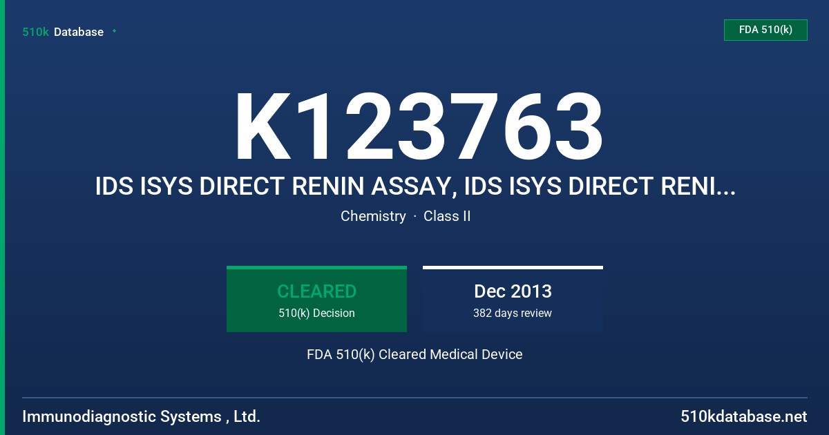 K123763 IDS ISYS DIRECT RENIN ASSAY, IDS ISYS DIRECT RENIN CONTROL SET, AND IDS ISYS DIRECT RENIN CALIBRATION VERIFIERS FDA 510(k) Cleared Medical Device