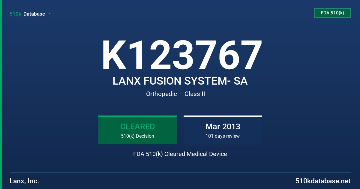 K123767 LANX FUSION SYSTEM- SA FDA 510(k) Cleared Medical Device
