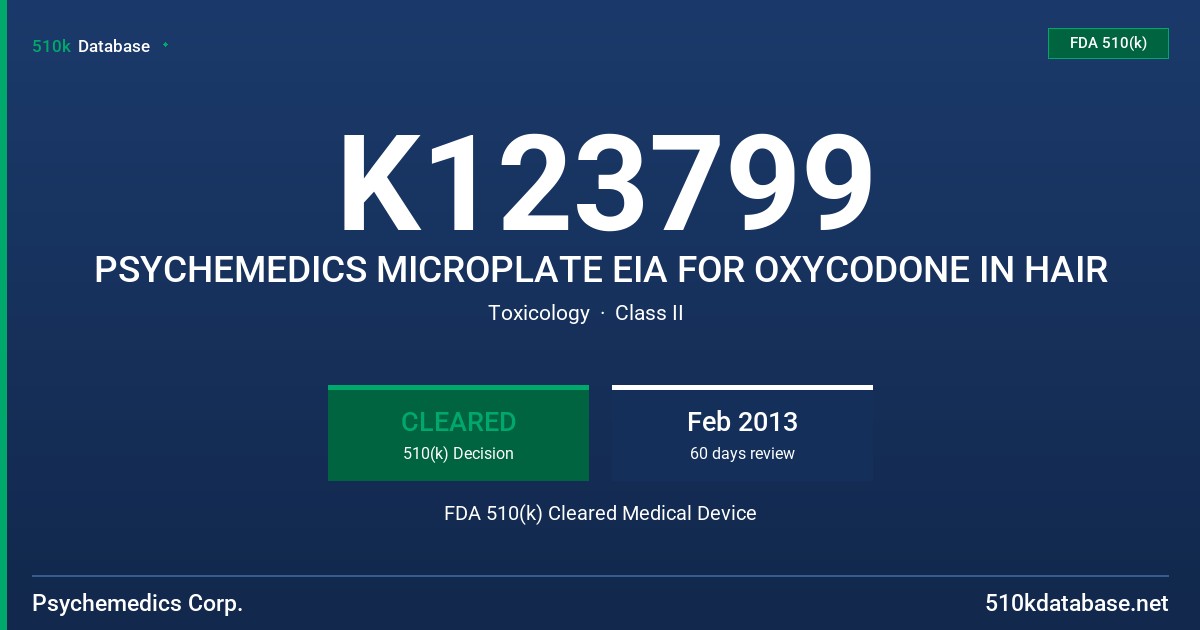 K123799 PSYCHEMEDICS MICROPLATE EIA FOR OXYCODONE IN HAIR FDA 510(k) Cleared Medical Device