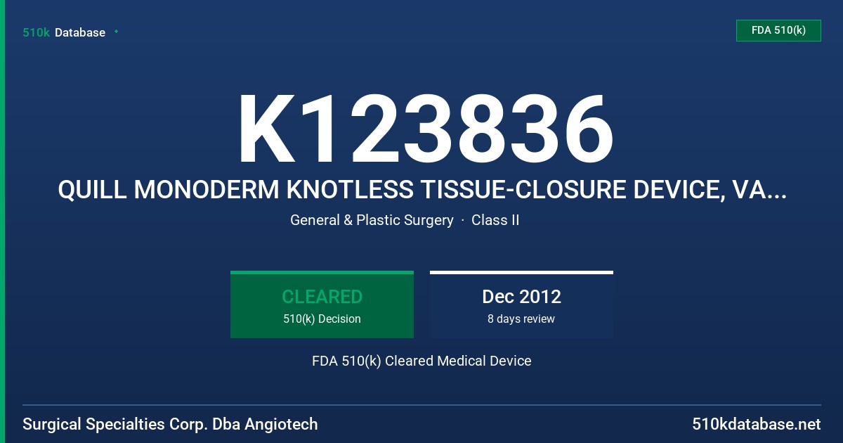 K123836 QUILL MONODERM KNOTLESS TISSUE-CLOSURE DEVICE, VARIABLE LOOP DESIGN FDA 510(k) Cleared Medical Device