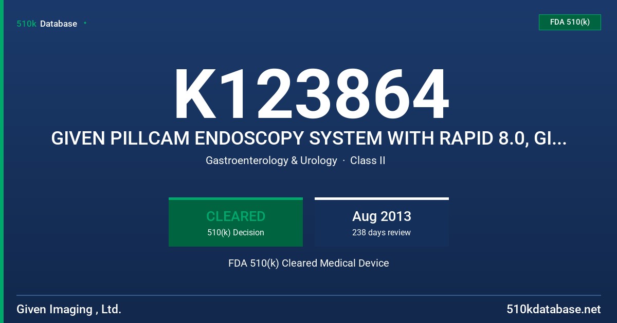 K123864 GIVEN PILLCAM ENDOSCOPY SYSTEM WITH RAPID 8.0, GIVEN PILLCAM SB 3 CAPSULE ENDOSCOPY SYSTEM FDA 510(k) Cleared Medical Device