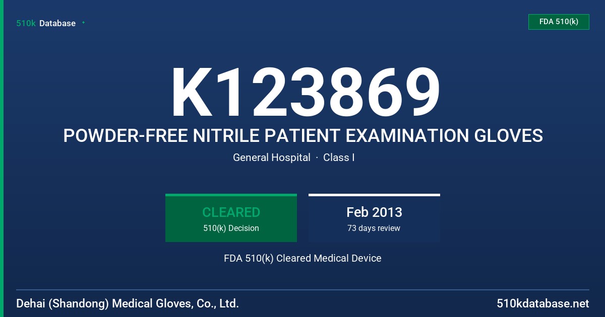 K123869 POWDER-FREE NITRILE PATIENT EXAMINATION GLOVES FDA 510(k) Cleared Medical Device