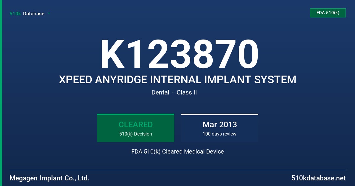 K123870 XPEED ANYRIDGE INTERNAL IMPLANT SYSTEM FDA 510(k) Cleared Medical Device