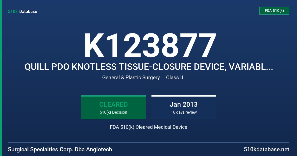 K123877 QUILL PDO KNOTLESS TISSUE-CLOSURE DEVICE, VARIABLE LOOP DESIGN FDA 510(k) Cleared Medical Device