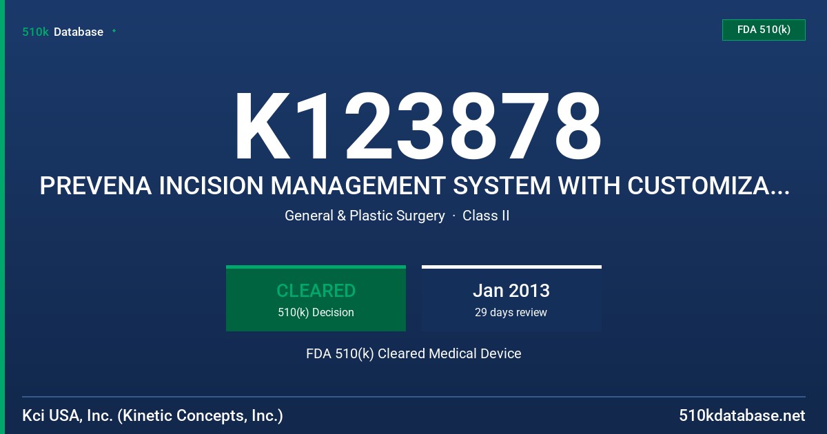 K123878 PREVENA INCISION MANAGEMENT SYSTEM WITH CUSTOMIZABLE DRESSING FDA 510(k) Cleared Medical Device