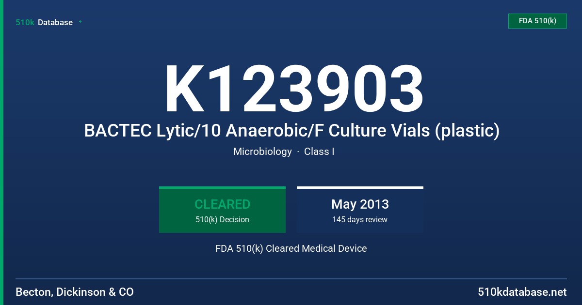 K123903 BACTEC Lytic/10 Anaerobic/F Culture Vials (plastic) FDA 510(k) Cleared Medical Device
