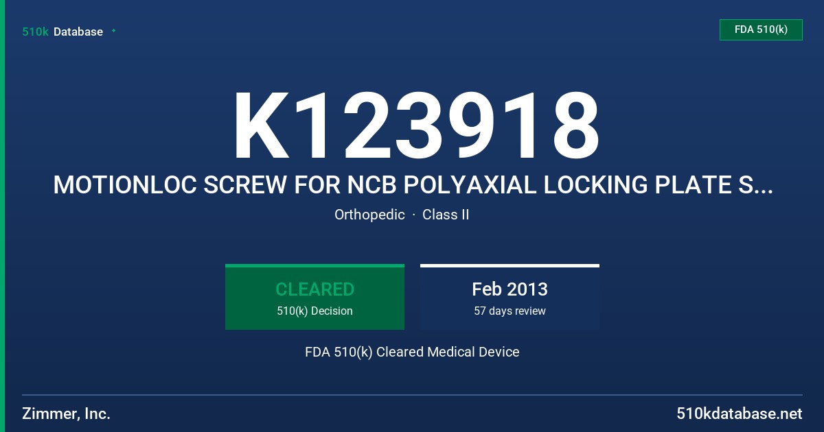 K123918 MOTIONLOC SCREW FOR NCB POLYAXIAL LOCKING PLATE SYSTEM FDA 510(k) Cleared Medical Device