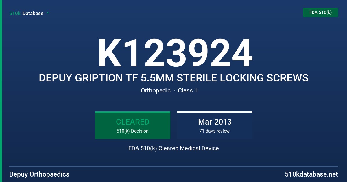 K123924 DEPUY GRIPTION TF 5.5MM STERILE LOCKING SCREWS FDA 510(k) Cleared Medical Device