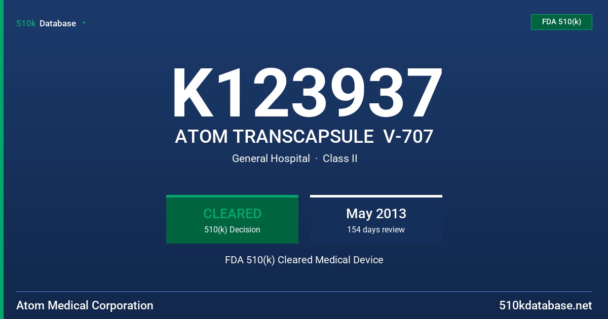 K123937 ATOM TRANSCAPSULE  V-707 FDA 510(k) Cleared Medical Device