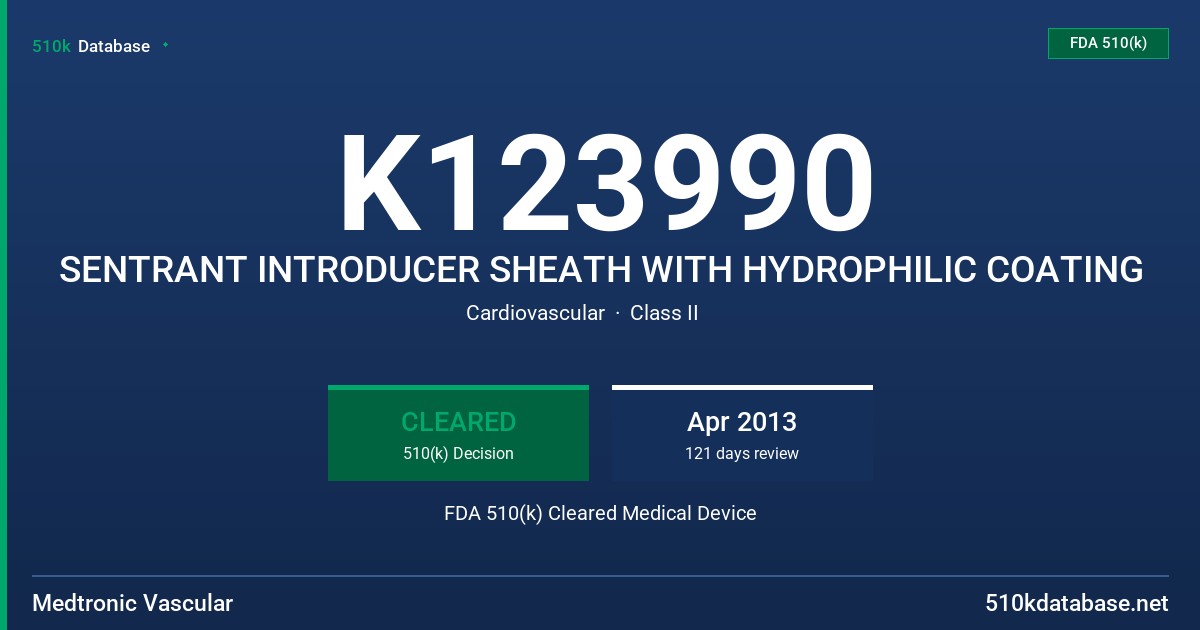 K123990 SENTRANT INTRODUCER SHEATH WITH HYDROPHILIC COATING FDA 510(k) Cleared Medical Device