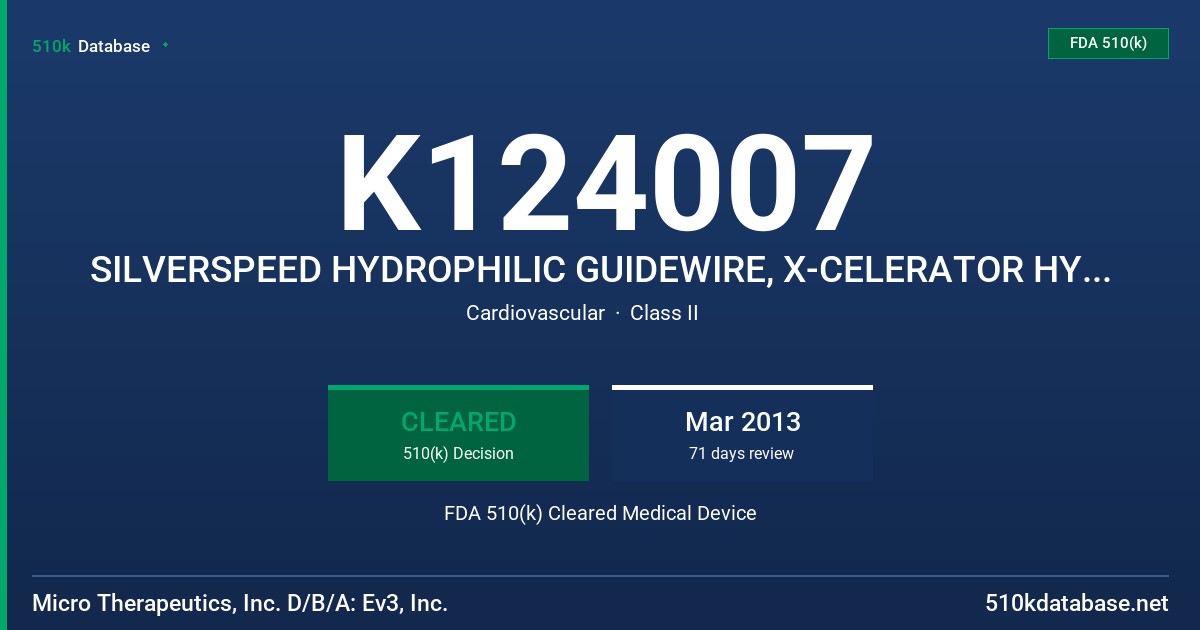 K124007 SILVERSPEED HYDROPHILIC GUIDEWIRE, X-CELERATOR HYDROPHILIC EXCHANGE GUIDEWIRE, X-PEDION HYDROPHILIC GUIDEWIRE, MIRAGE HY FDA 510(k) Cleared Medical Device