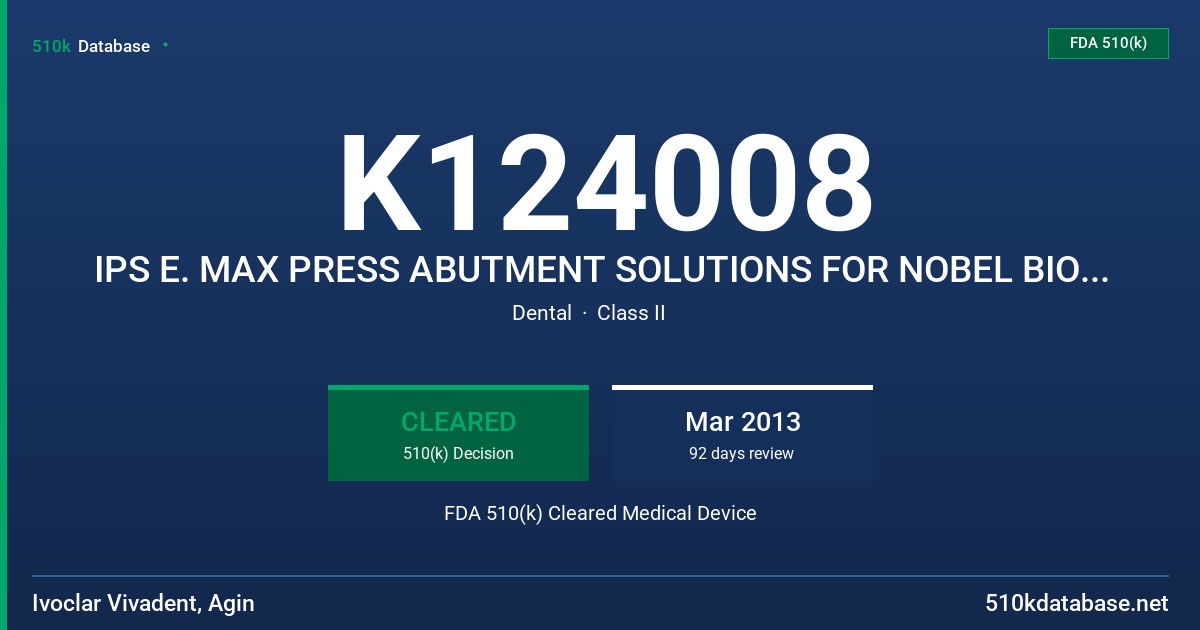 K124008 IPS E. MAX PRESS ABUTMENT SOLUTIONS FOR NOBEL BIOCARE FDA 510(k) Cleared Medical Device