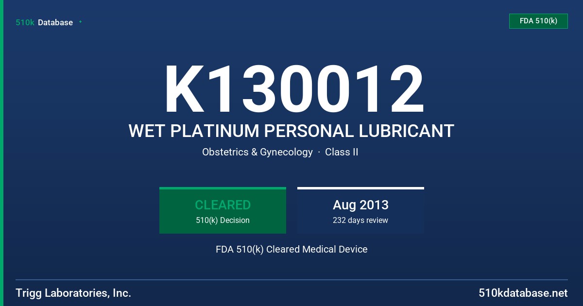 K130012 WET PLATINUM PERSONAL LUBRICANT FDA 510(k) Cleared Medical Device