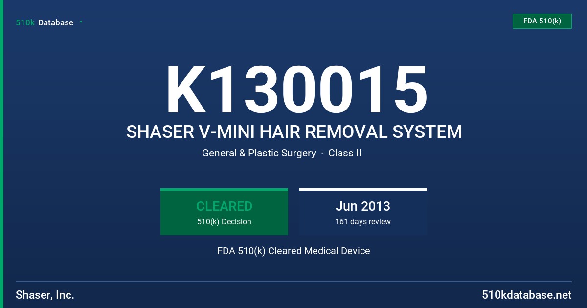 K130015 SHASER V-MINI HAIR REMOVAL SYSTEM FDA 510(k) Cleared Medical Device
