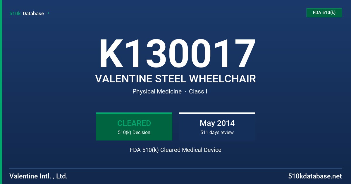 K130017 VALENTINE STEEL WHEELCHAIR FDA 510(k) Cleared Medical Device