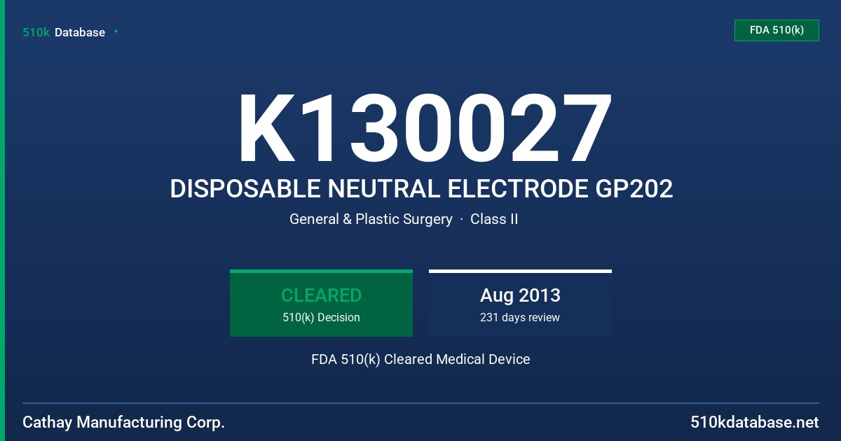 K130027 DISPOSABLE NEUTRAL ELECTRODE GP202 FDA 510(k) Cleared Medical Device