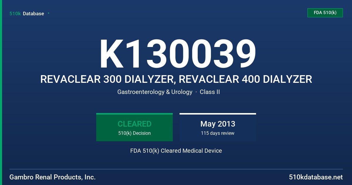 K130039 REVACLEAR 300 DIALYZER, REVACLEAR 400 DIALYZER FDA 510(k) Cleared Medical Device