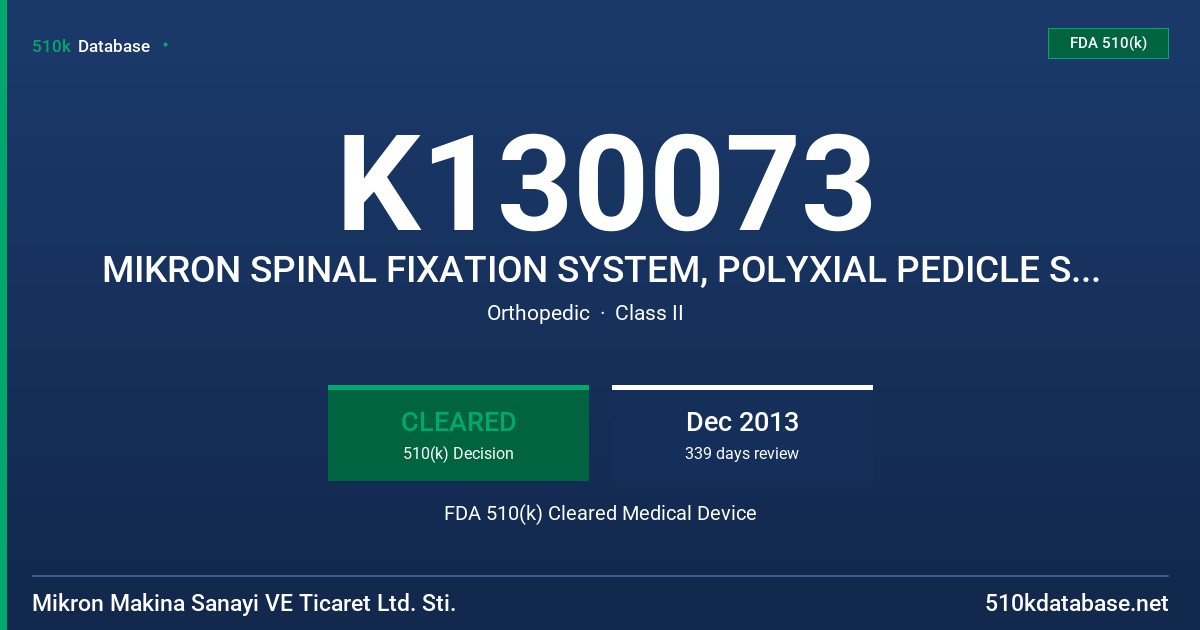 K130073 MIKRON SPINAL FIXATION SYSTEM, POLYXIAL PEDICLE SCREWS, SET SCREWS, LONGITUDINAL RODS FDA 510(k) Cleared Medical Device