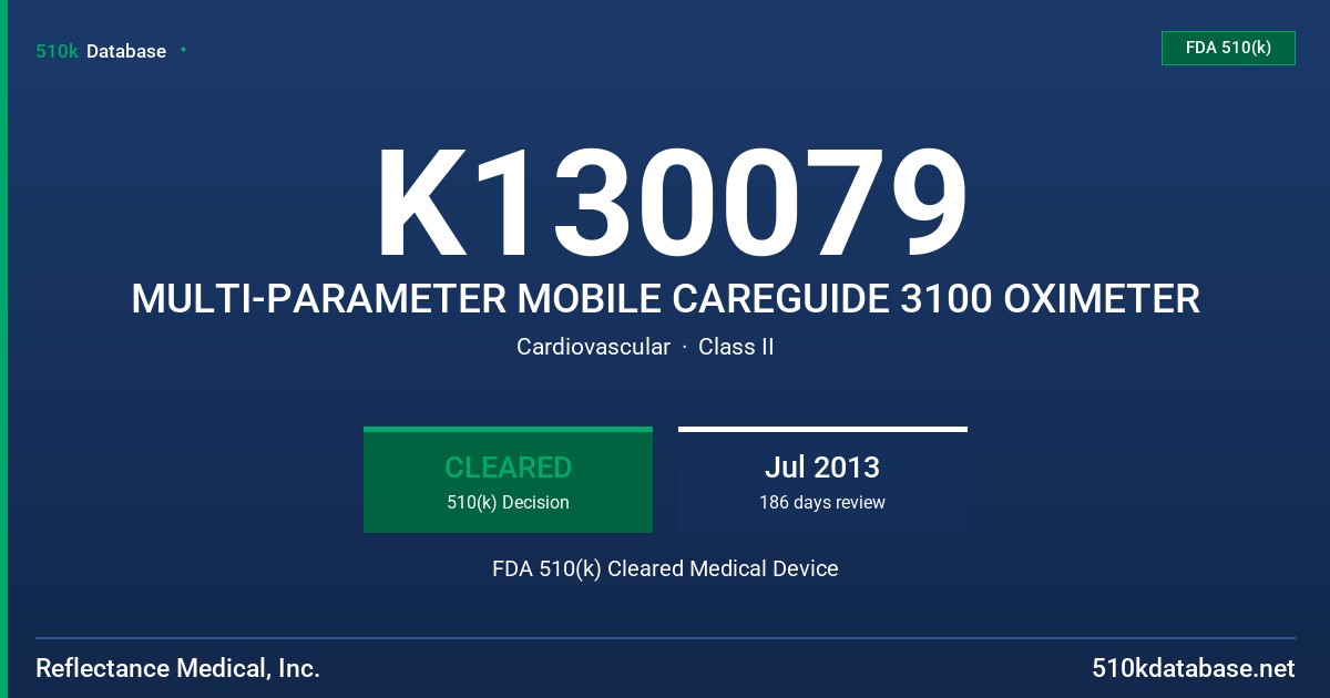 K130079 MULTI-PARAMETER MOBILE CAREGUIDE 3100 OXIMETER FDA 510(k) Cleared Medical Device