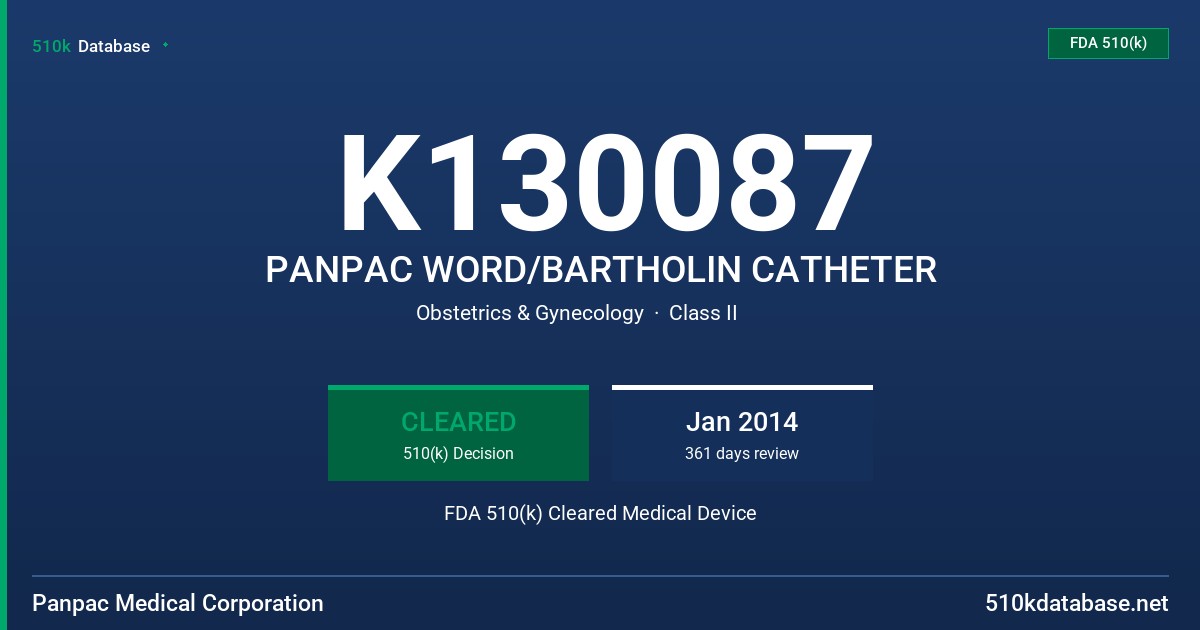 K130087 PANPAC WORD/BARTHOLIN CATHETER FDA 510(k) Cleared Medical Device