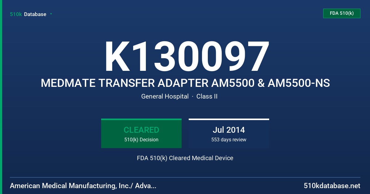 K130097 MEDMATE TRANSFER ADAPTER AM5500 & AM5500-NS FDA 510(k) Cleared Medical Device