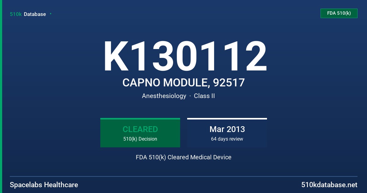 K130112 CAPNO MODULE, 92517 FDA 510(k) Cleared Medical Device