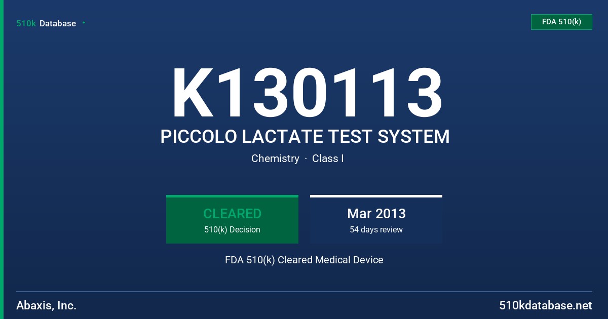 K130113 PICCOLO LACTATE TEST SYSTEM FDA 510(k) Cleared Medical Device