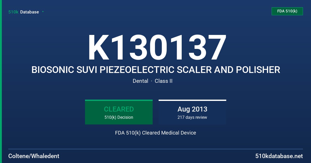 K130137 BIOSONIC SUVI PIEZEOELECTRIC SCALER AND POLISHER FDA 510(k) Cleared Medical Device