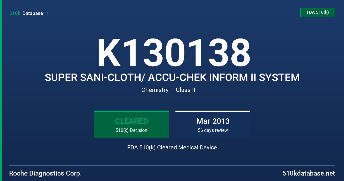K130138 SUPER SANI-CLOTH/ ACCU-CHEK INFORM II SYSTEM FDA 510(k) Cleared Medical Device