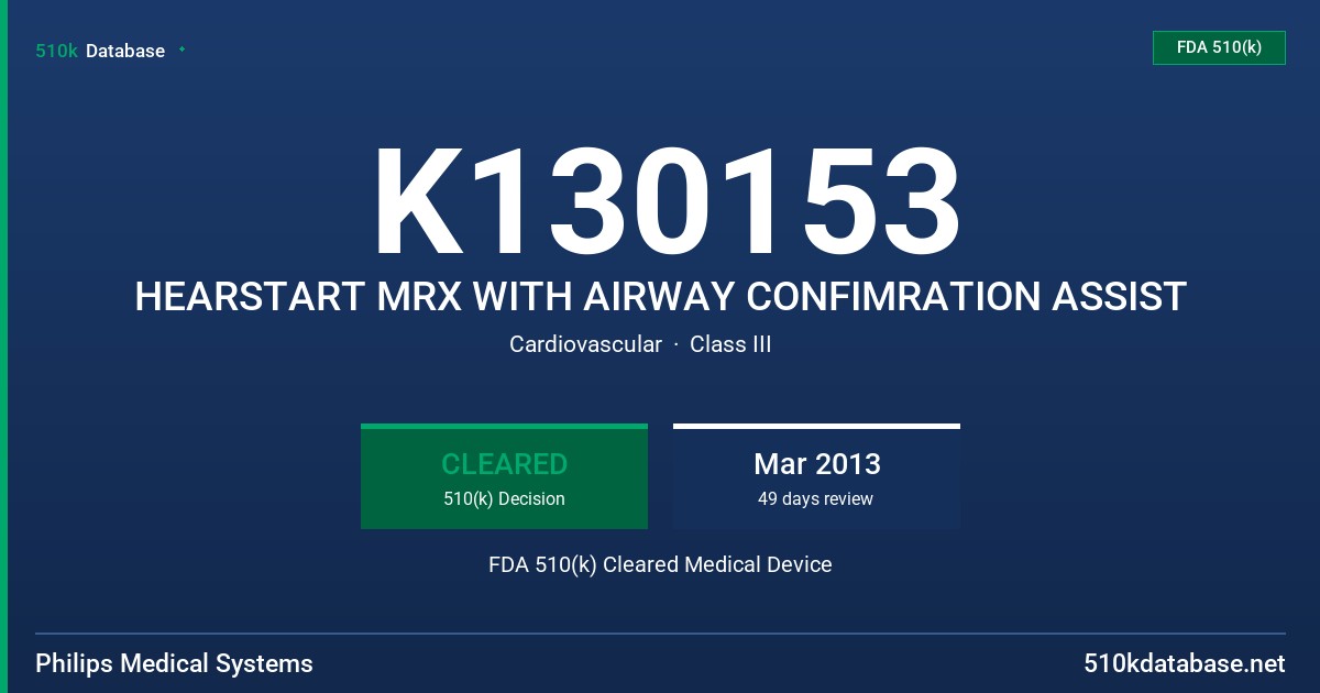 K130153 HEARSTART MRX WITH AIRWAY CONFIMRATION ASSIST FDA 510(k) Cleared Medical Device