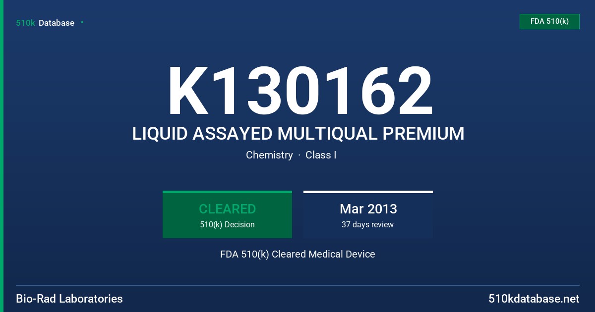 K130162 LIQUID ASSAYED MULTIQUAL PREMIUM FDA 510(k) Cleared Medical Device