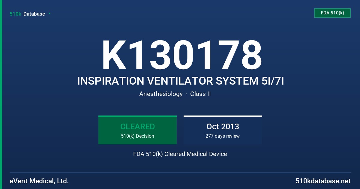 K130178 INSPIRATION VENTILATOR SYSTEM 5I/7I FDA 510(k) Cleared Medical Device