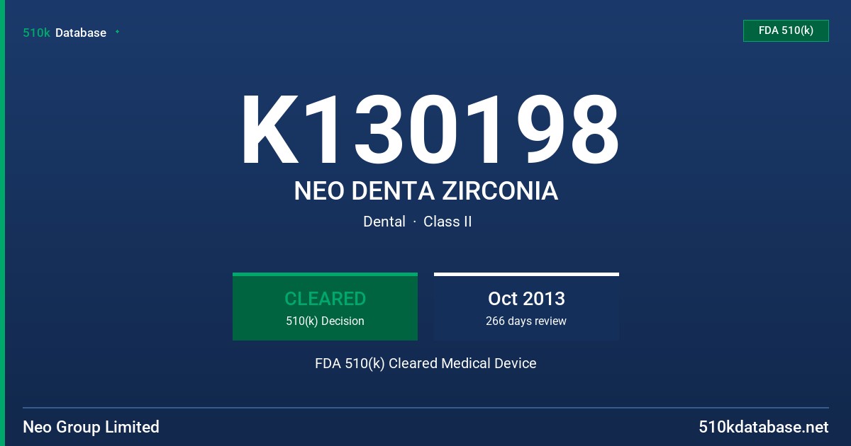 K130198 NEO DENTA ZIRCONIA FDA 510(k) Cleared Medical Device