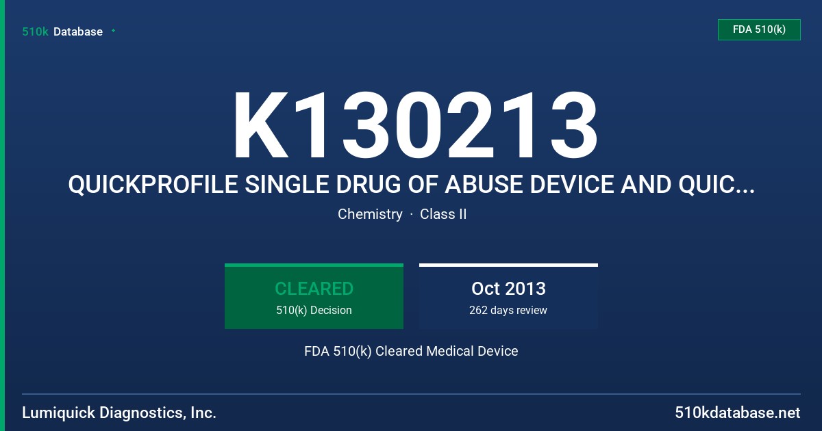 K130213 QUICKPROFILE SINGLE DRUG OF ABUSE DEVICE AND QUICK PROFILE MULTI-DRUGS OF ABUSE SCREEN DEVICE FDA 510(k) Cleared Medical Device