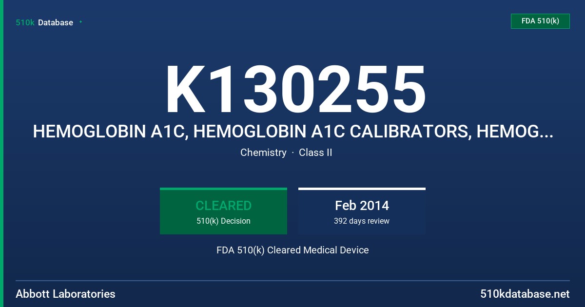 K130255 HEMOGLOBIN A1C, HEMOGLOBIN A1C CALIBRATORS, HEMOGLOBIN A1C CONTROLS FDA 510(k) Cleared Medical Device