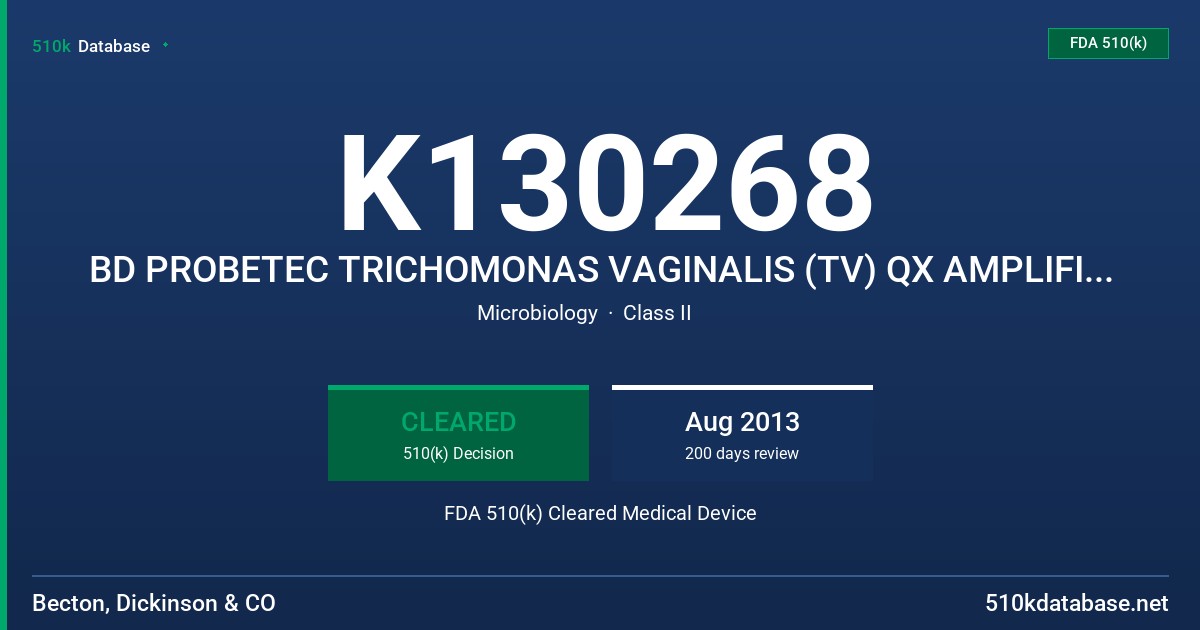 K130268 BD PROBETEC TRICHOMONAS VAGINALIS (TV) QX AMPLIFIED DNA ASSAY FDA 510(k) Cleared Medical Device