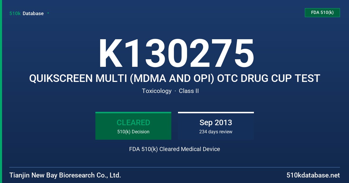 K130275 QUIKSCREEN MULTI (MDMA AND OPI) OTC DRUG CUP TEST FDA 510(k) Cleared Medical Device