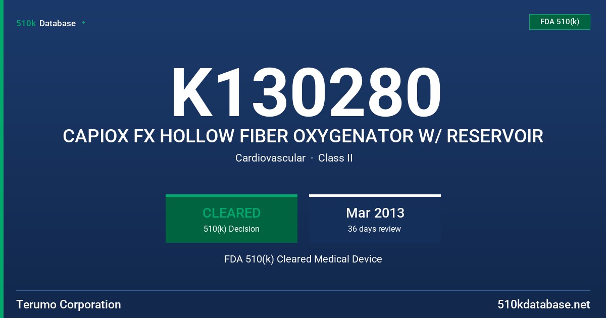 K130280 CAPIOX FX HOLLOW FIBER OXYGENATOR W/ RESERVOIR FDA 510(k) Cleared Medical Device