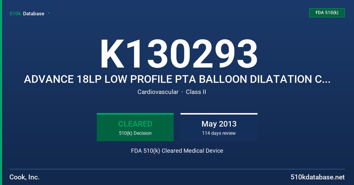 K130293 ADVANCE 18LP LOW PROFILE PTA BALLOON DILATATION CATHETER FDA 510(k) Cleared Medical Device