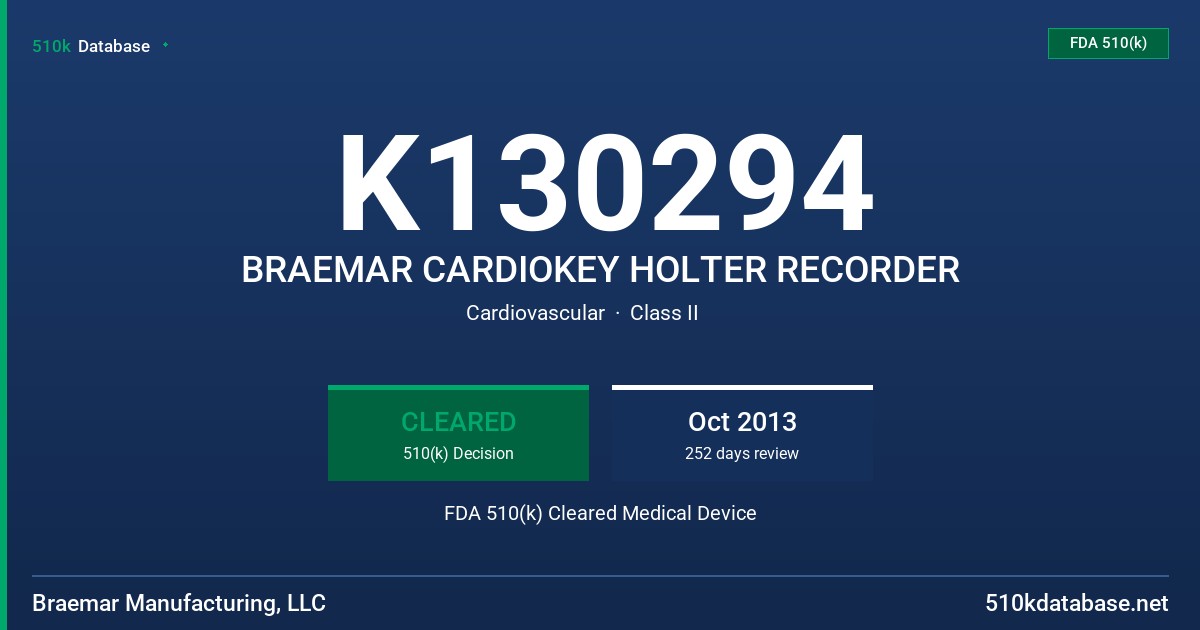 K130294 BRAEMAR CARDIOKEY HOLTER RECORDER FDA 510(k) Cleared Medical Device