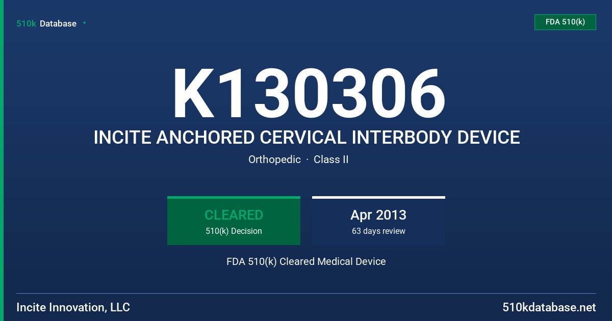 K130306 INCITE ANCHORED CERVICAL INTERBODY DEVICE FDA 510(k) Cleared Medical Device