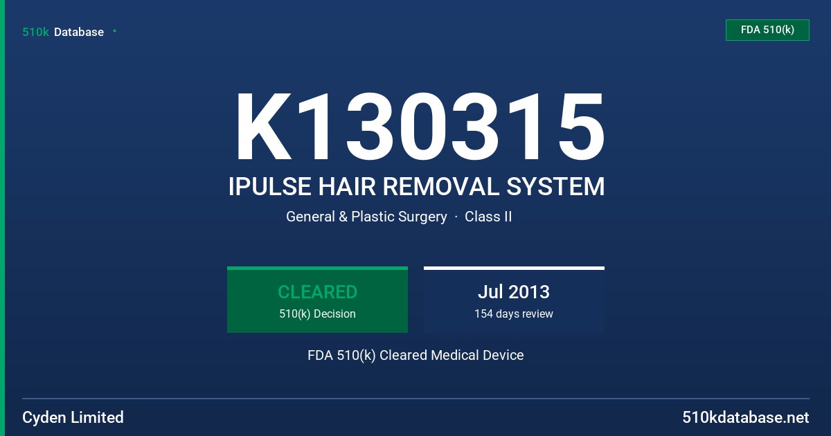 K130315 IPULSE HAIR REMOVAL SYSTEM FDA 510(k) Cleared Medical Device