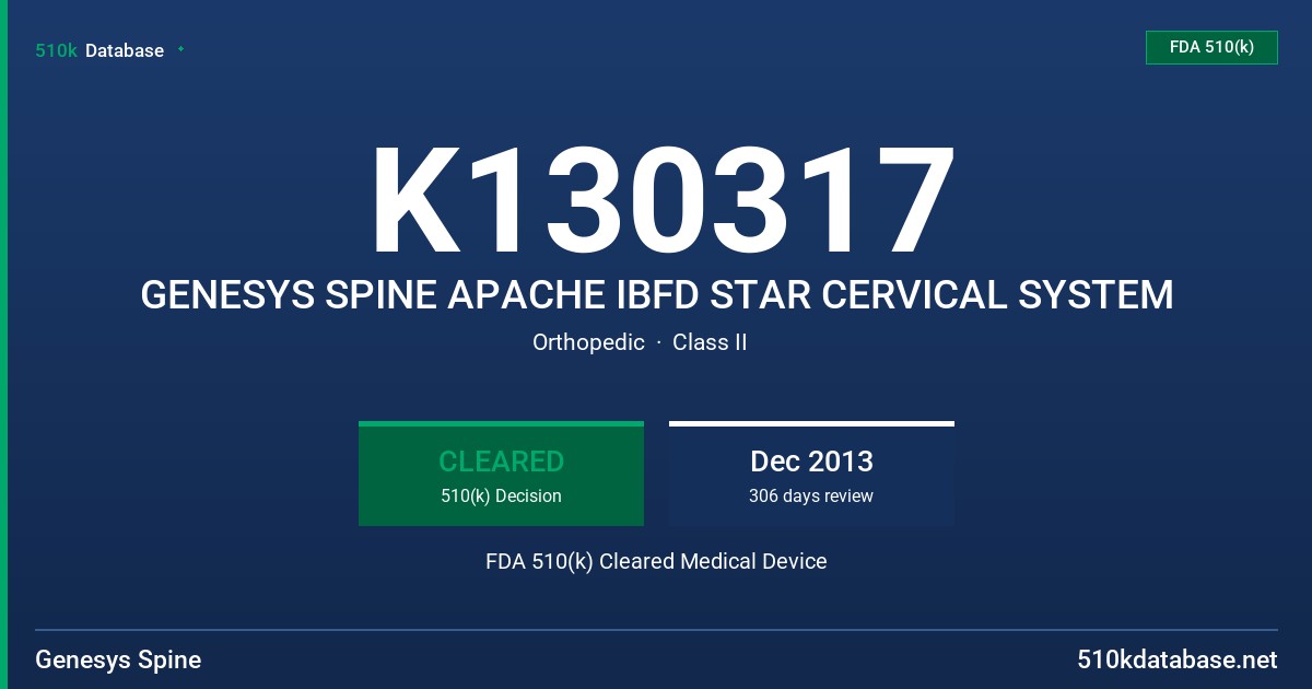 K130317 GENESYS SPINE APACHE IBFD STAR CERVICAL SYSTEM FDA 510(k) Cleared Medical Device