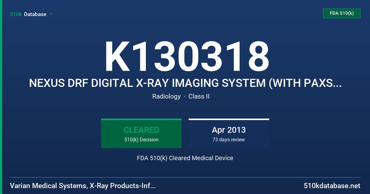 K130318 NEXUS DRF DIGITAL X-RAY IMAGING SYSTEM (WITH PAXSCAN 4343CB) FDA 510(k) Cleared Medical Device