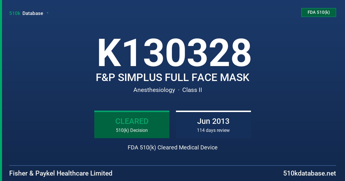 K130328 F&P SIMPLUS FULL FACE MASK FDA 510(k) Cleared Medical Device