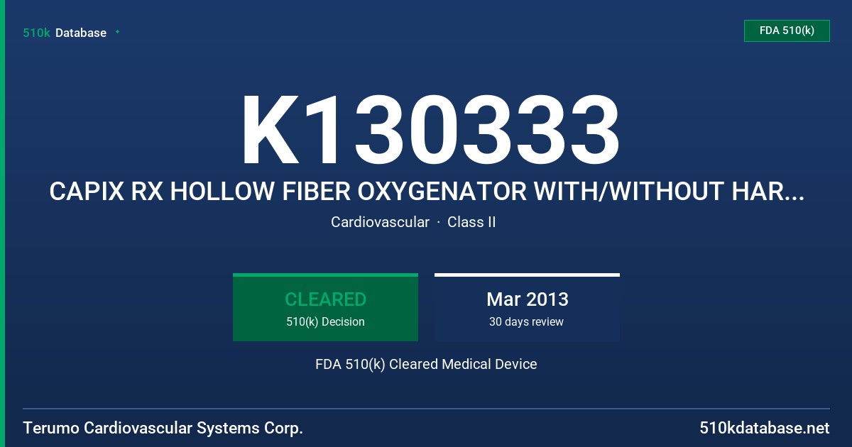 K130333 CAPIX RX HOLLOW FIBER OXYGENATOR WITH/WITHOUT HARDSHELL RESERVOIR FDA 510(k) Cleared Medical Device